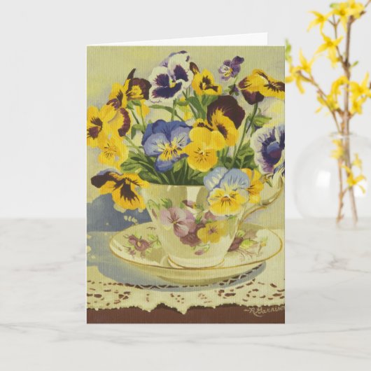 1187 Pansies in Teacup-Moederdag Kaart (Gele Bloem)