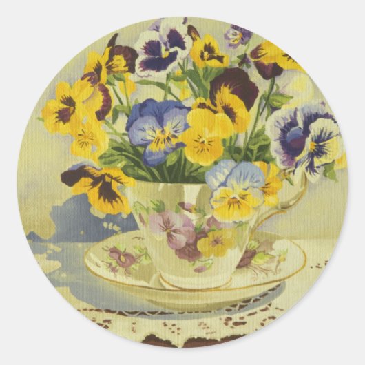 1187 Pansies in Teacup Ronde Sticker (Voorkant)