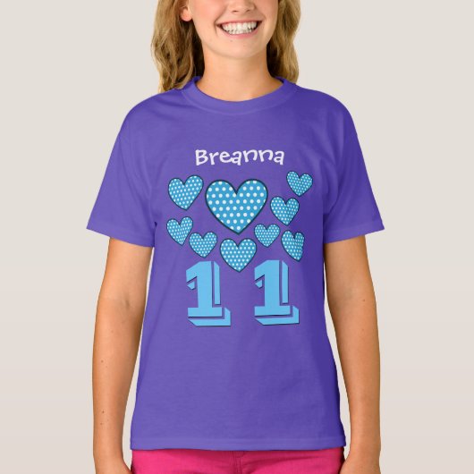 11 Birthday Girl Hearts Big Number Aangepaste naam T-shirt (Voorkant)
