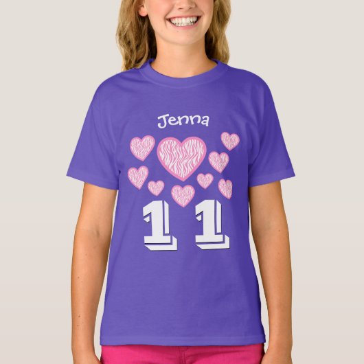 11 Birthday Girl Hearts Big Number Aangepaste naam T-shirt (Voorkant)