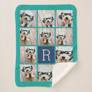 11 Foto Collage en Big Monogram blauw blauwgroen Sherpa Deken