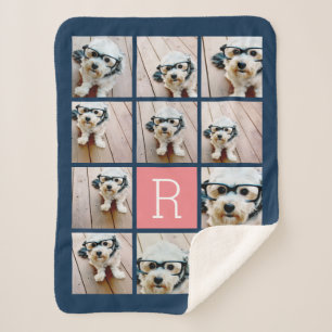 11 Foto Collage en Big Monogram blauwe perzik Sherpa Deken