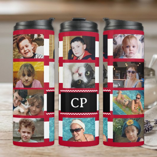 11 foto collage initialen rood wit thermosbeker