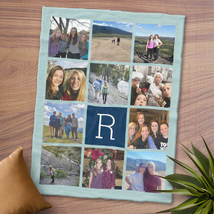11 Foto collage met monogram kan blauw bewerken Fleece Deken