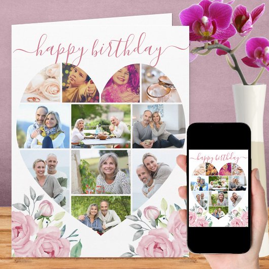 11 Foto Collage Pink Peony Birthday Kaart