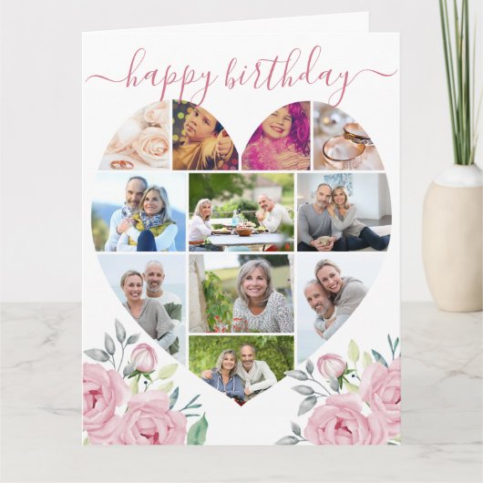 11 Foto Collage Pink Peony Birthday Kaart (Voorkant)