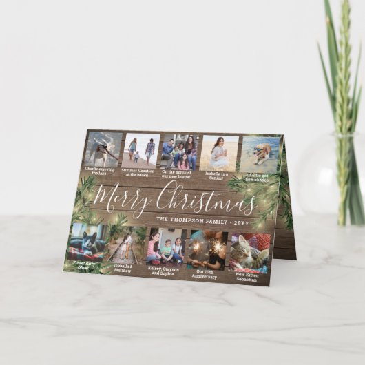 11 Foto Kerstmis Greenery, Hout & Lichten Gevouwen Feestdagen Kaart (Voorkant)