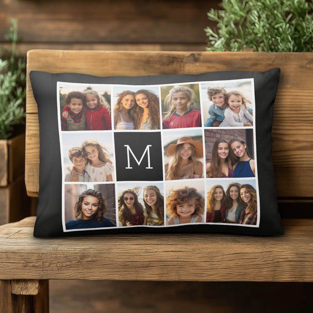 11 foto-rastercollage met monogram decoratief kussen (Custom Photo Pillow)