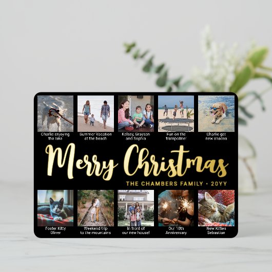 11 Foto Zwart Vrolijk Kerstfeest Moderne Collage Folie Feestdagenkaart (Staand Voorkant)