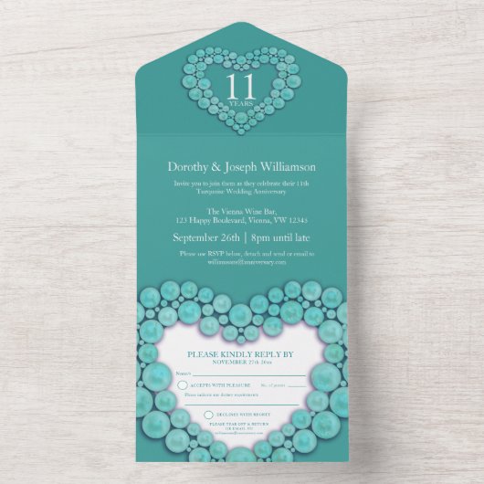 11 jaar durende Turquoise bruiloft All In One Uitnodiging (Binnen)