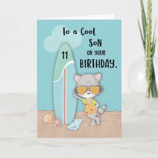 11-jarige jongen Birthday Beach Funny Cool Raccoon Kaart (Voorkant)