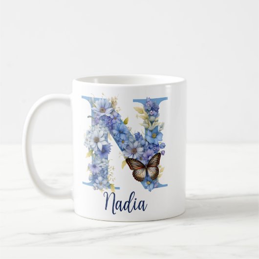 11 oz Bloemend blauw Monogram koffiemok (Links)