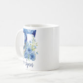 11 oz Bloemend blauw Monogram koffiemok (Voorkant links)