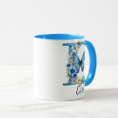 11 oz Bloemend blauw Monogram koffiemok Mok (Voorkant rechts)