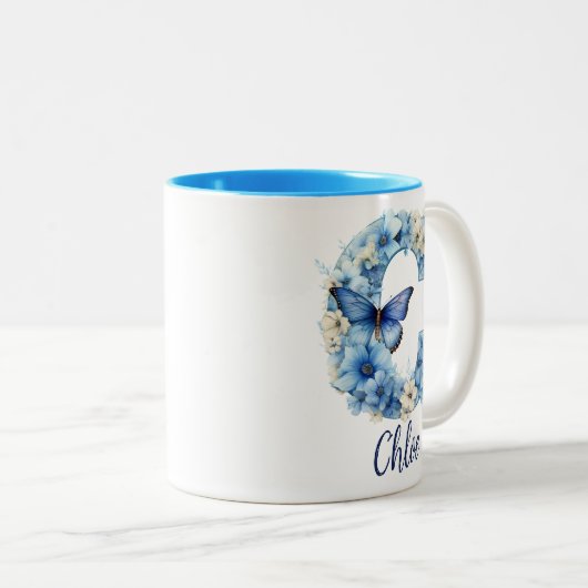 11 oz Floral Blue Monogrammed Coffee Mok (Voorkant rechts)