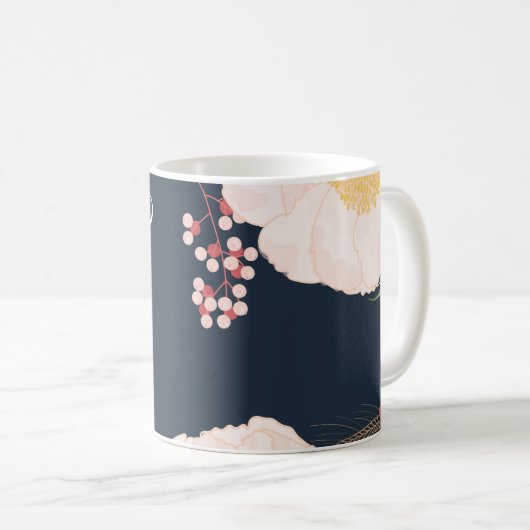 11 oz. Koffie Mok Witte Bloemen op Donker Blu (Voorkant rechts)