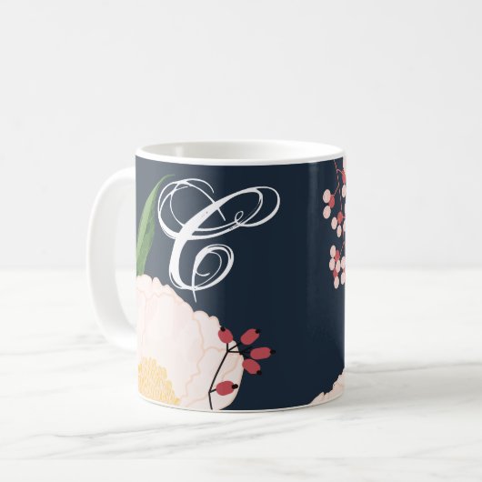 11 oz. Koffie Mok Witte Bloemen op Donker Blu (Voorkant links)