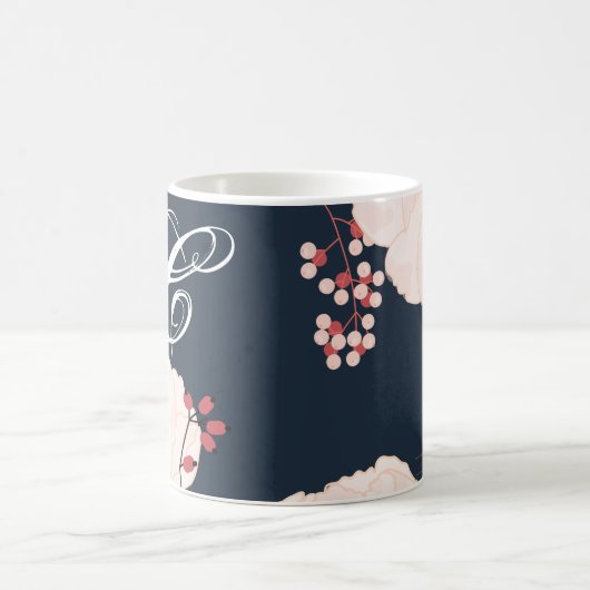 11 oz. Koffie Mok Witte Bloemen op Donker Blu (Center)