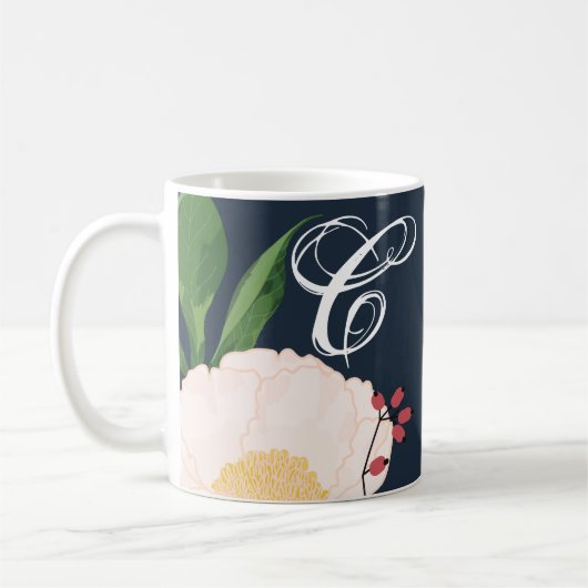 11 oz. Koffie Mok Witte Bloemen op Donker Blu (Links)