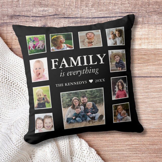 11 Photo Collage Familienaam Quote Zwart Kussen (11 Photo Collage Family Name Quote Black Throw Pillow
)