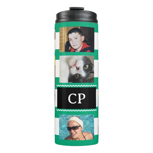 11 photo collage initials green white thermosbeker (Voorkant)