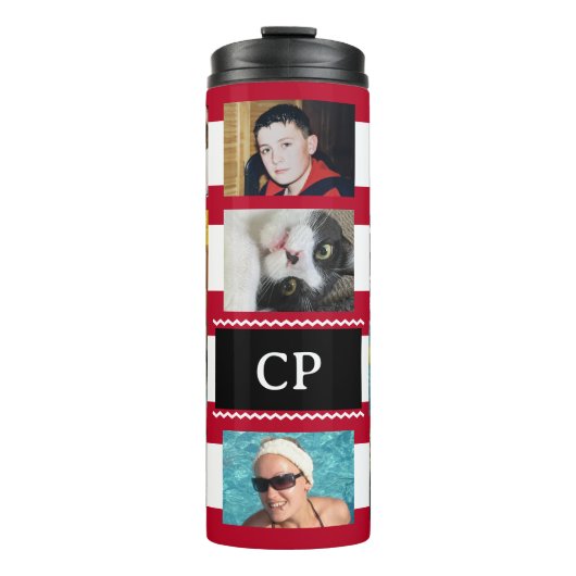 11 photo collage initials red white thermosbeker (Voorkant)