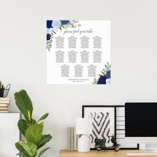 11 Tabel Elegant Blue Rozen Wedding Seating Chart Poster (Thuiskantoor)