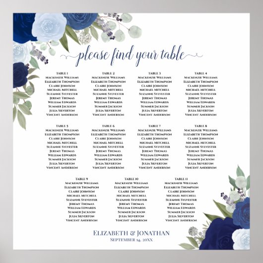 11 Tabel Elegant Blue Rozen Wedding Seating Chart Poster (Voorkant)