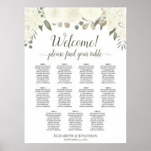 11 Tabel Ivory White Roses Wedding Seating Chart Poster