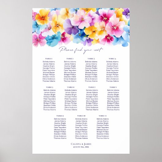 11 Tabel Kleurrijke Bloemen Trouwstoel Grafiek Poster (Voorkant)