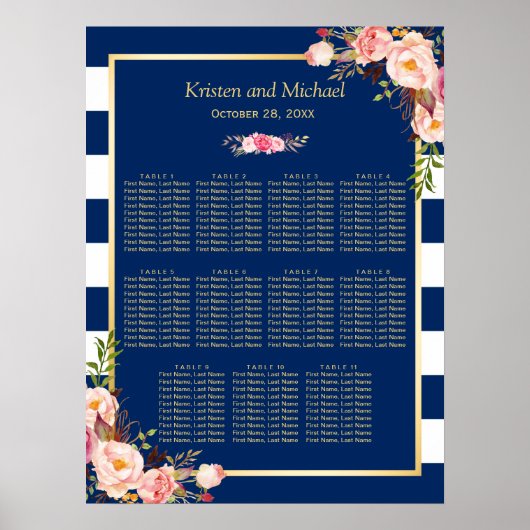 11 Tables Wedding Seating Chart | Navy Blue Floral Poster (Voorkant)