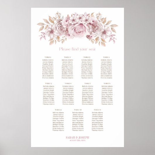 11 Tafel Roze Bloem Bruiloft Zitplaats Chart Poster (Voorkant)