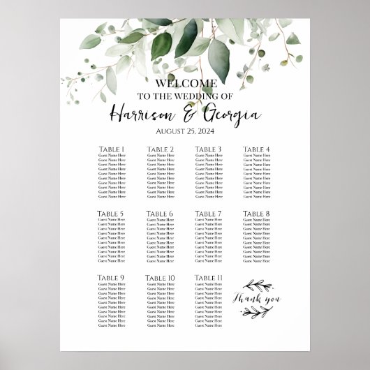 11 Tafels Groen Elegant Bruiloft Zittafel Grafiek Poster (Voorkant)