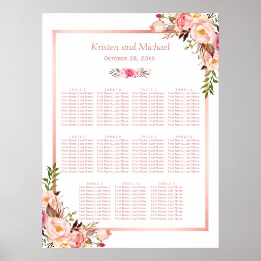 11 tafels Wedding Seating Chart | Roos Gold Floral Poster (Voorkant)