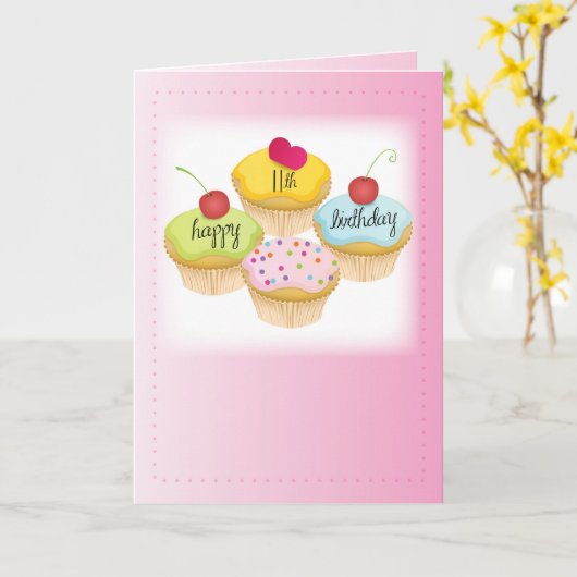 11de Verjaardag Cupcakes in Roze Kaart (Gele Bloem)