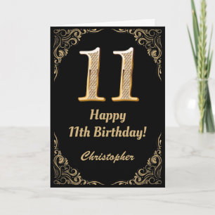 11e Birthday Black en Gold Glitter Lijst Kaart