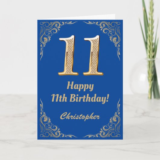 11e Birthday Blue en Gold Glitter Lijst Kaart (Voorkant)