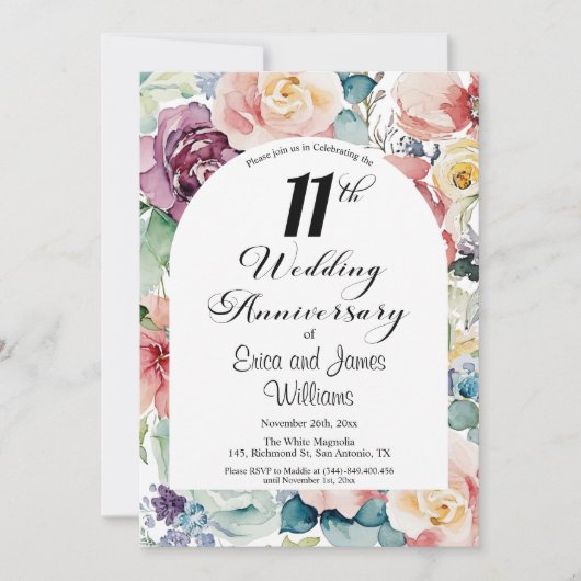 11e bruiloft Jubileum Elegant Script Floral Kaart (Voorkant)