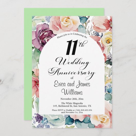 11e bruiloft Jubileum Elegant Script Floral Kaart (Voorkant / Achterkant)