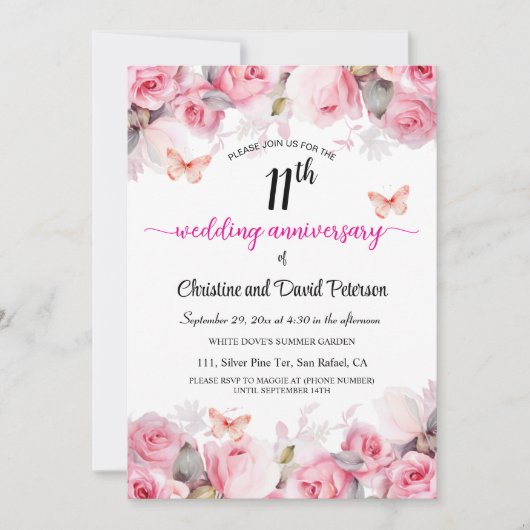 11e bruiloft Jubileum Elegante Blush Rozen Kaart (Voorkant)