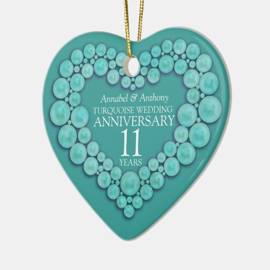 11e bruiloft Jubileum Turquoise-hartversiering Keramisch Ornament (Links)