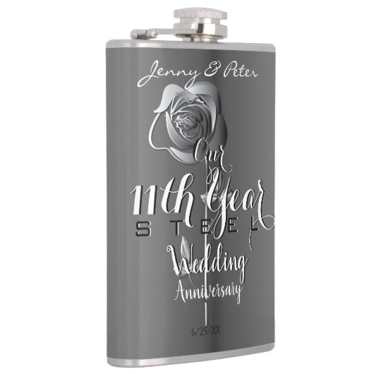 11e bruiloft Jubileum w Steel Roos Heupfles (Rechts)