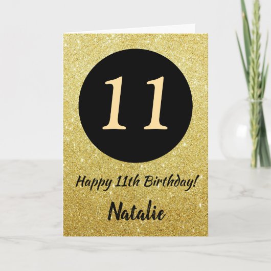 11e Happy Birthday Black en Gold Glitter Kaart (Voorkant)