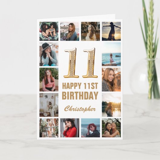 11e Happy Birthday Gold en White Photo Collage Kaart (Voorkant)