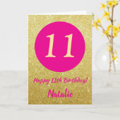 11e Happy Birthday Hot Pink en Gold Glitter Kaart (Gele Bloem)