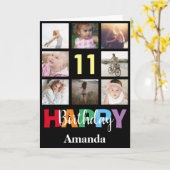 11e Happy Birthday Photo Collage Modern Black Kaart (Gele Bloem)