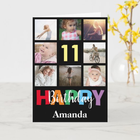 11e Happy Birthday Photo Collage Modern Black Kaart (Gele Bloem)