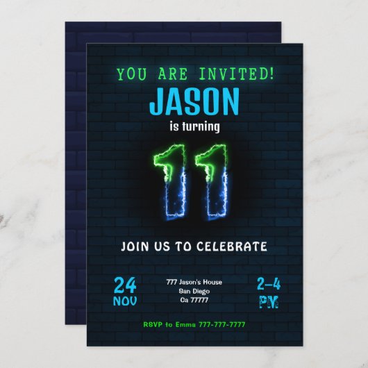 11e jongen verjaardag uitnodiging (Voorkant / Achterkant)