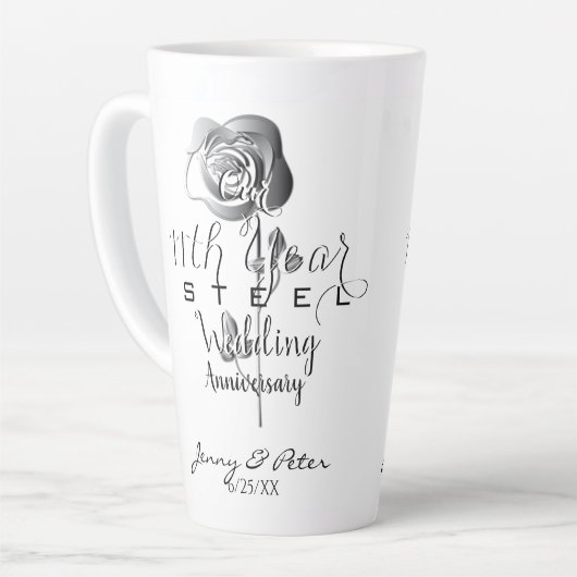11e Jubileum voor staalweddenschappen Silvery-Roze Latte Mok (Linkerhoek)