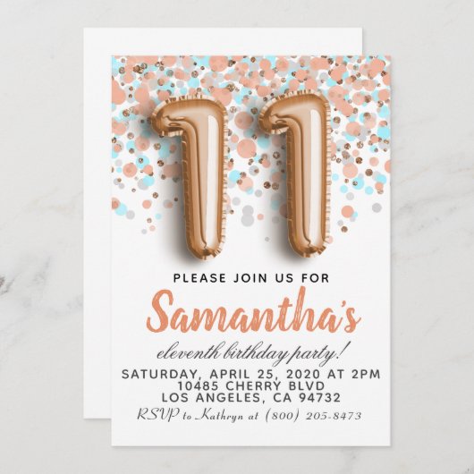 11e Roos Gold Birthday Uitnodiging (Voorkant / Achterkant)